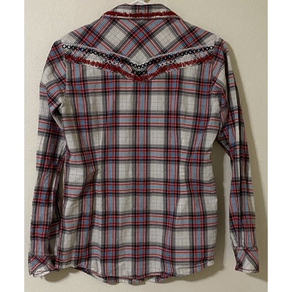 Ariat Women's Western Long Sleeve Metal Snap Button Small Plaid Shirt Red Gray - Picture 4 of 9
